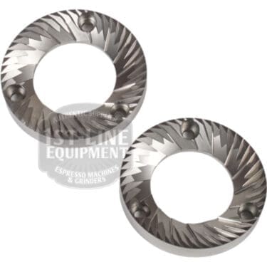 The Quamar 260017 54 mm Q50 Grinding Burrs – Set of 2 includes circular metal burrs with sharp angled teeth and three screw holes, shown on a white background. Designed for compatibility with Quamar 260017 grinders. © 2025 1st-line.com