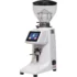 The Quamar M80TP Espresso Coffee Grinder features a clear bean hopper, digital touchscreen display, and portafilter holder—all in sleek white, standing elegantly against a white background. © 2025 1st-line.com