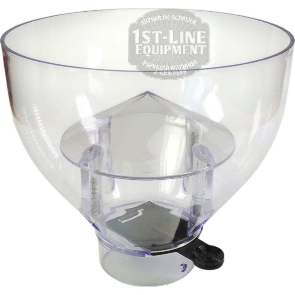 The Quamar RMM800008 500 G Bean Hopper Assembly features a clear plastic body, black adjustment knob, wide funnel top, and displays the 1st-Line Equipment logo, holding up to 500 grams of beans. © 2025 1st-line.com