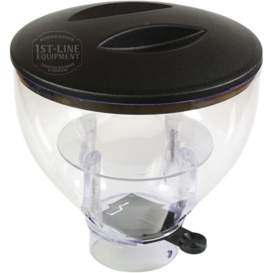 The Quamar RMM800008 500 G Bean Hopper Assembly features a clear plastic hopper with a black lid, designed to hold up to 500g of coffee beans and dispense them into a grinder base, shown from an angled top view. © 2025 1st-line.com
