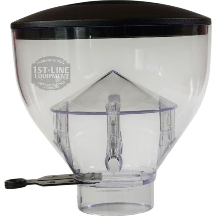 The Quamar RMM800008 500 G Bean Hopper Assembly is a clear plastic dosing funnel with a black lid, handle, and bottom spout for dispensing ground coffee. Compatible with Quamar RMM800008 machines; branded 1st-Line Equipment. © 2025 1st-line.com