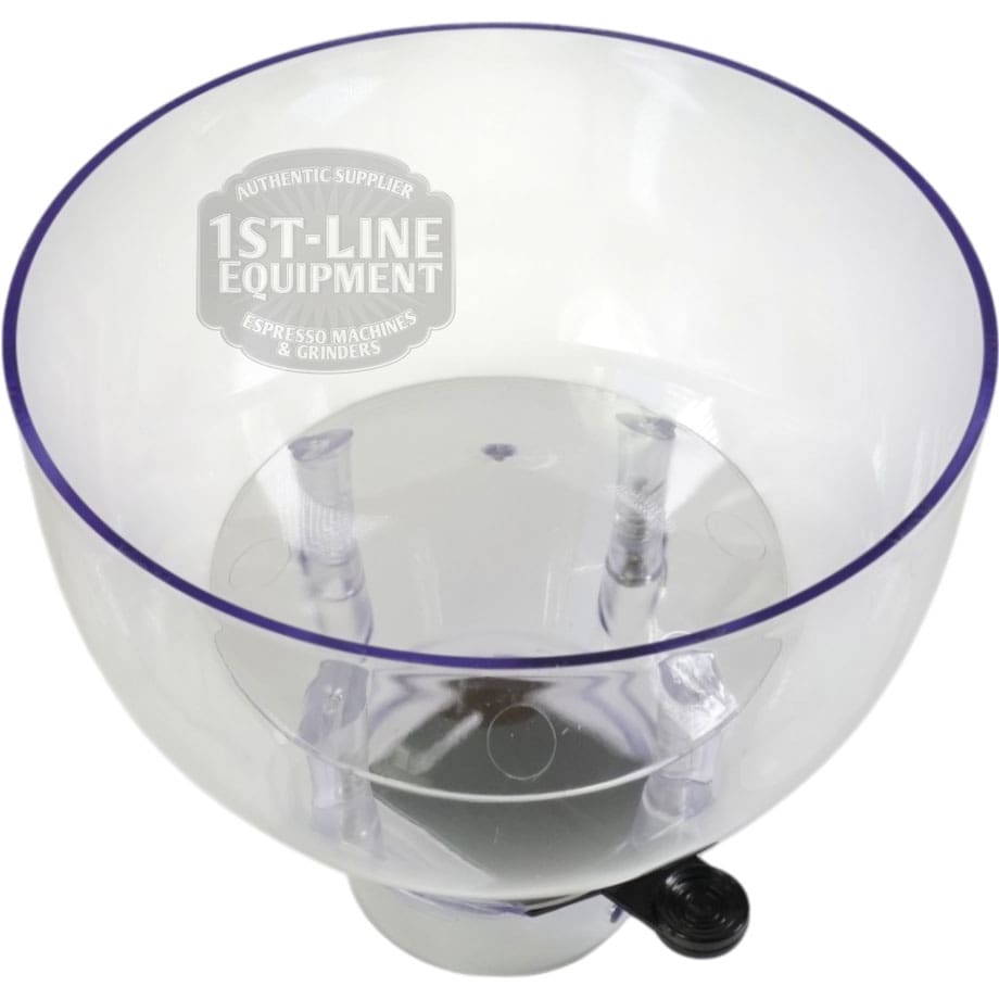 The Quamar RMM800008 500 G Bean Hopper Assembly is a transparent plastic hopper with a black locking base and 1st-Line Equipment Espresso Machines & Grinders label on the side. © 2025 1st-line.com