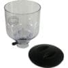 The Quamar RMT800015 1.2 kg Bean Hopper Assembly features a clear design with a small black adjustment knob and includes a black plastic lid, perfect for your coffee grinder setup. © 2025 1st-line.com