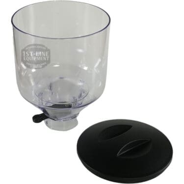 The Quamar RMT800015 1.2 kg Bean Hopper Assembly features a clear design with a small black adjustment knob and includes a black plastic lid, perfect for your coffee grinder setup. © 2025 1st-line.com