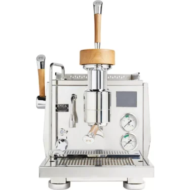 The Rocket Epica Espresso Machine features wood-accented handles and top, dual pressure gauges, a steam wand, drip tray, and a polished silver modern design. © 2025 1st-line.com