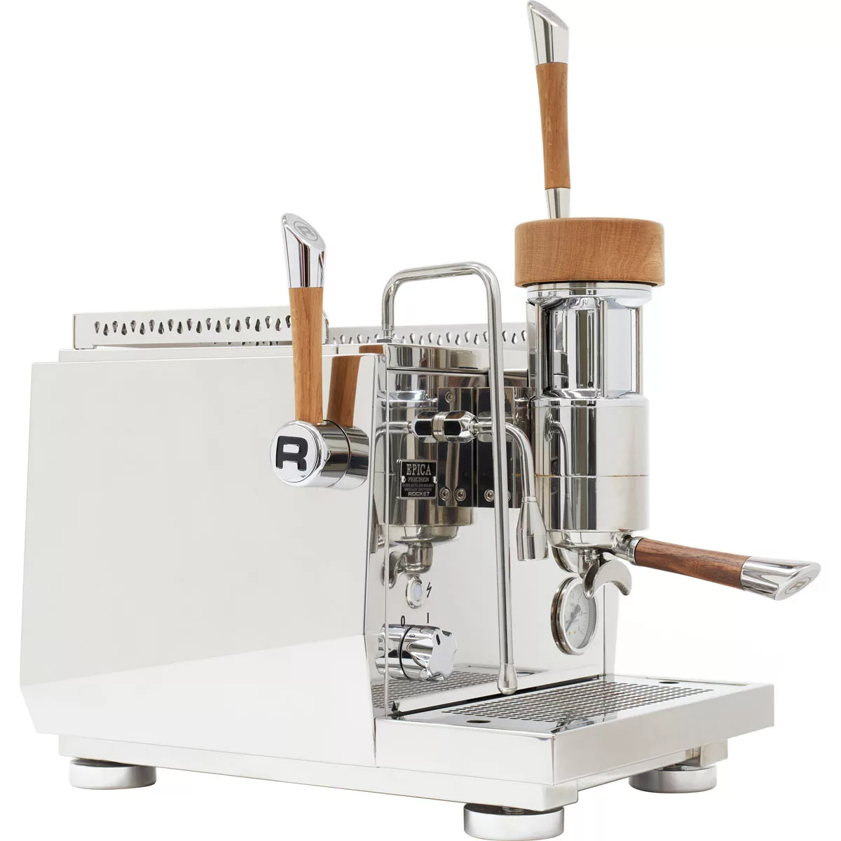 The Rocket Epica Espresso Machine, with wooden lever and portafilter handles, modern design, and reflective stainless steel surfaces, is displayed on a white background. © 2025 1st-line.com