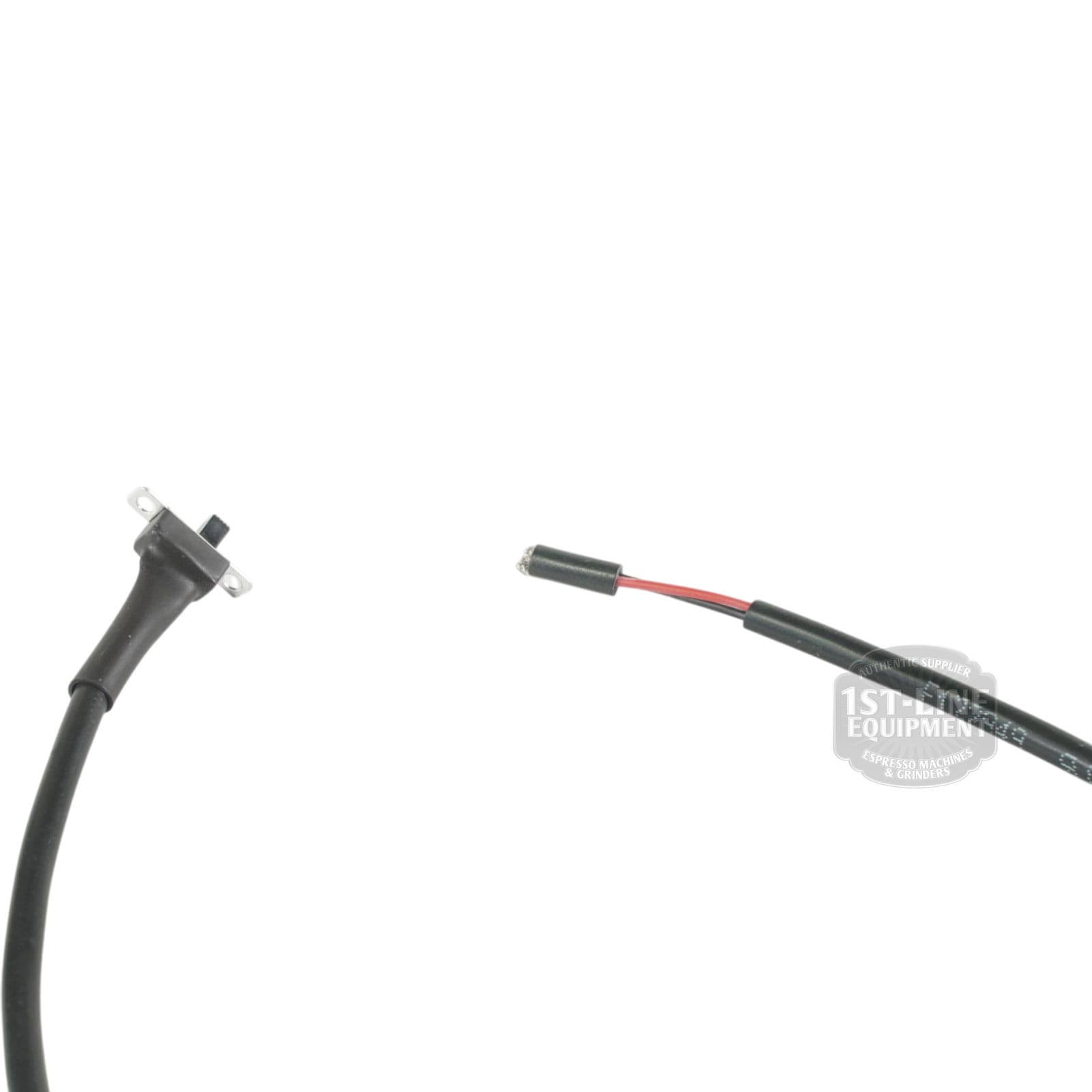 The VBM ELETCAVMICRSCOR Wired Slide Switch features two black wires with exposed ends—one with a mounting bracket and push button, the other showing red and black inner wires—shown on a white background. © 2025 1st-line.com
