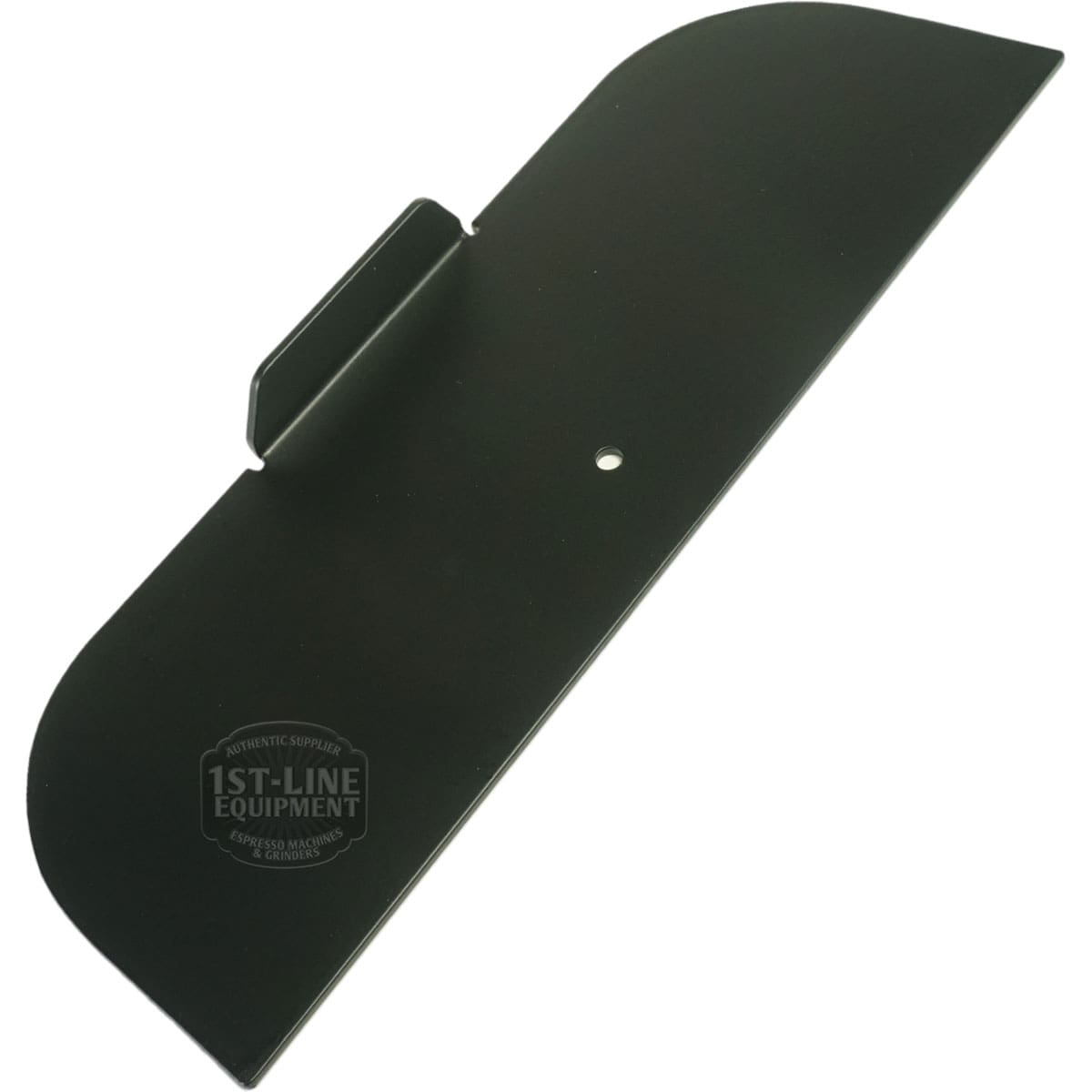 The VBM TELADOMSCONEWNW Water Tank Cover for Domobar Super is a flat, black metal piece with a curved edge, small central hole, upright tab near one side, and a faint 1st-Line Equipment logo on the surface. © 2025 1st-line.com