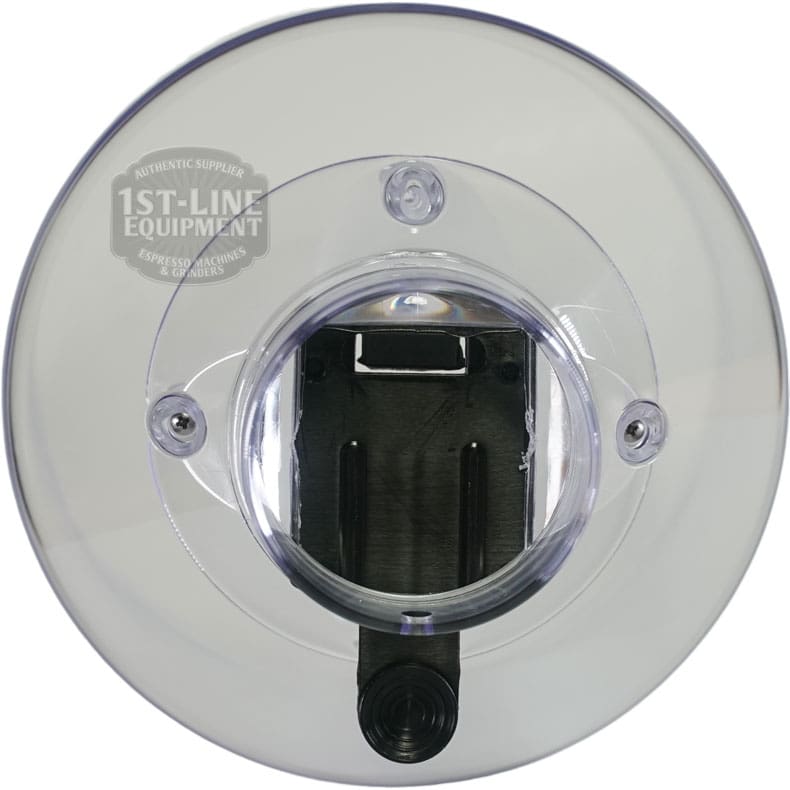 Top-down view of the Quamar RMT800015 1.2 kg Bean Hopper Assembly lid, featuring a transparent plastic design, round center opening, three screw holes, and a black component attached to the bottom edge. © 2025 1st-line.com