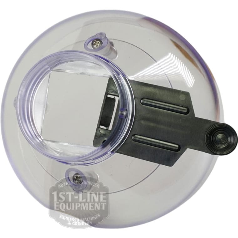 Top view of the Quamar RMM800008 500 G Bean Hopper Assembly with a metal chute and adjustment knob, displayed on a white background. The transparent design reveals the 1st-Line Equipment logo, ideal for espresso grinders. © 2025 1st-line.com