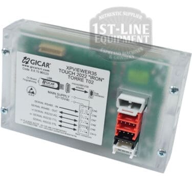 A Torre DISP0001 Touch Display 3.5" Gicar 8.8.75.96G electronic control module with labeled ports/connectors is shown in a transparent plastic casing, with part of the display and the 1st-Line Equipment logo visible above the device. © 2025 1st-line.com