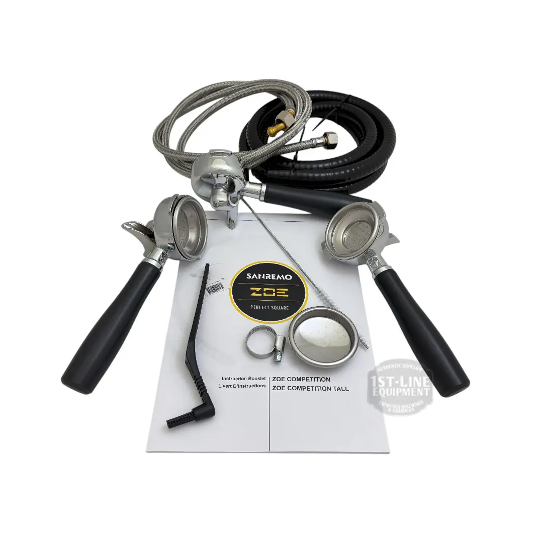 Accessory kit for the Sanremo Zoe Espresso Machine, including two portafilters, hoses, metal basket, screwdriver, brush, gasket, and instruction manuals—all organized on a white surface. © 2025 1st-line.com