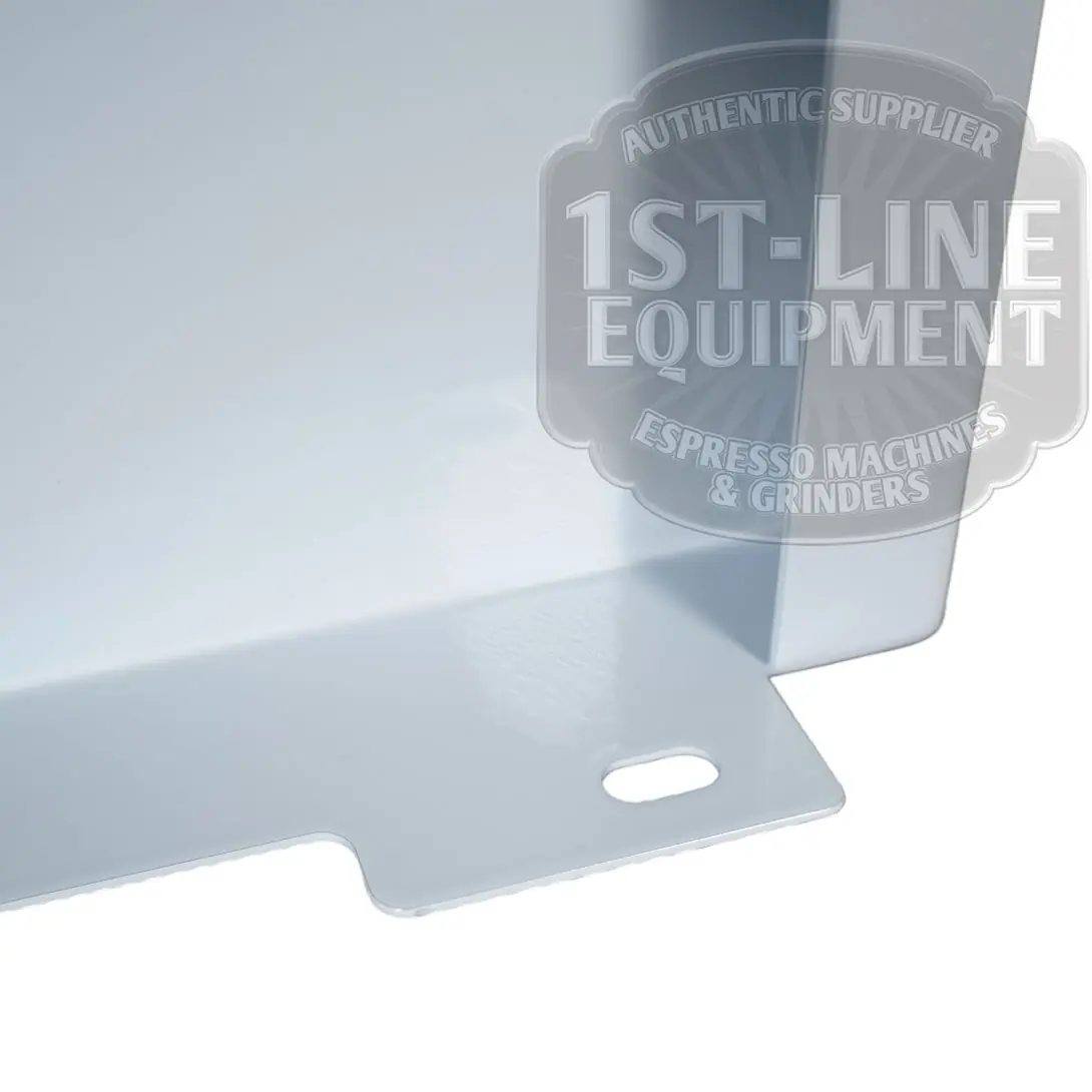 Close-up of the Torre T02FIA001B Right Side Panel - White metal corner bracket with a slotted hole, set against a smooth white background. A semi-transparent “1st-Line Equipment Espresso Machines & Grinders” watermark is in the upper right corner. © 2025 1st-line.com