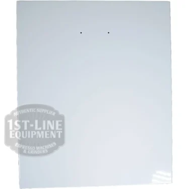 The Torre T02POSXX1 Shiny White Back Panel is a plain, glossy white metal rectangle with two small holes near the top center and a semi-transparent 1st-Line Equipment logo watermark in the lower left corner. © 2025 1st-line.com