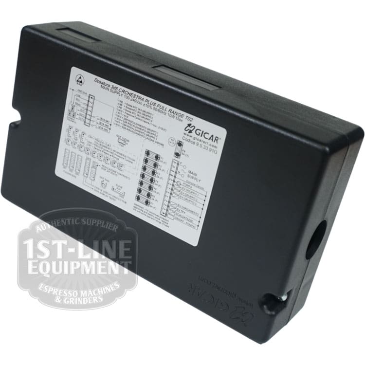 A black rectangular Torre DOS23001 Control Board (100-240Vac 50/60Hz) featuring a white label with diagrams, specs, and the Gicar logo is shown at an angle with the 1st-Line Equipment watermark visible. © 2025 1st-line.com