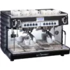 A Carimali Bubble 2 Group Commercial Espresso Machine (120V or 230V) with a reflective stainless steel finish and several white espresso cups stacked on top. © 2025 1st-line.com