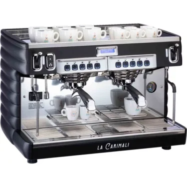 A Carimali Bubble 2 Group Commercial Espresso Machine (120V or 230V) with a reflective stainless steel finish and several white espresso cups stacked on top. © 2025 1st-line.com