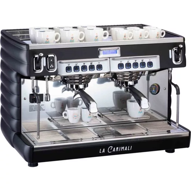 A Carimali Bubble 2 Group Commercial Espresso Machine (120V or 230V) with a reflective stainless steel finish and several white espresso cups stacked on top. © 2025 1st-line.com