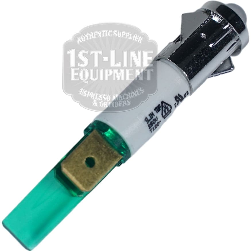 A close-up of the Torre LAMP0003 Green LED LDF 09 230V electrical component with metal connector, product markings, and green LED indicator on a white background featuring the 1st-Line Equipment logo watermark. © 2025 1st-line.com