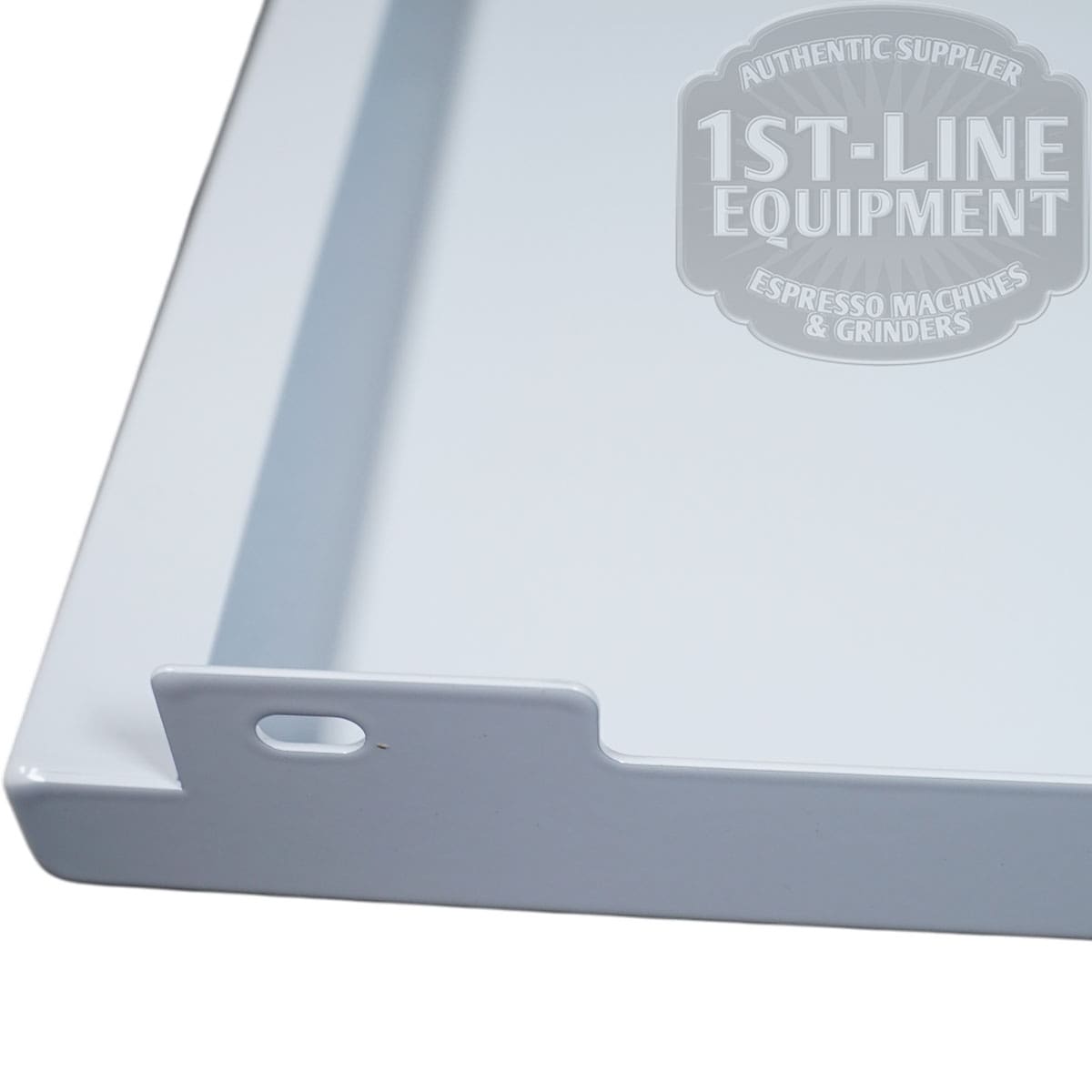 A close-up of the Torre T02FIA002B Left Side Panel - White, a rectangular metal tray with a folded edge, oval cutout, and 1st-Line Equipment logo in the upper right corner. © 2025 1st-line.com