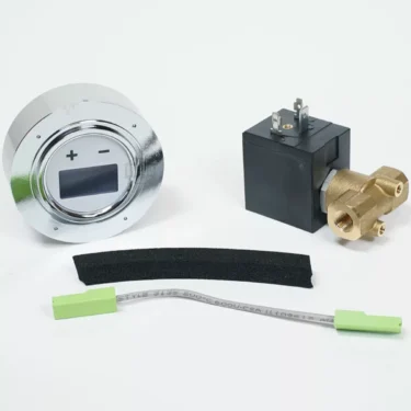 A digital control dial, brass and black solenoid valve, foam strip, and gray cable with green connectors from the Lelit 4000061 Bianca V2 to V3 Conversion Kit are arranged on a white surface. © 2025 1st-line.com
