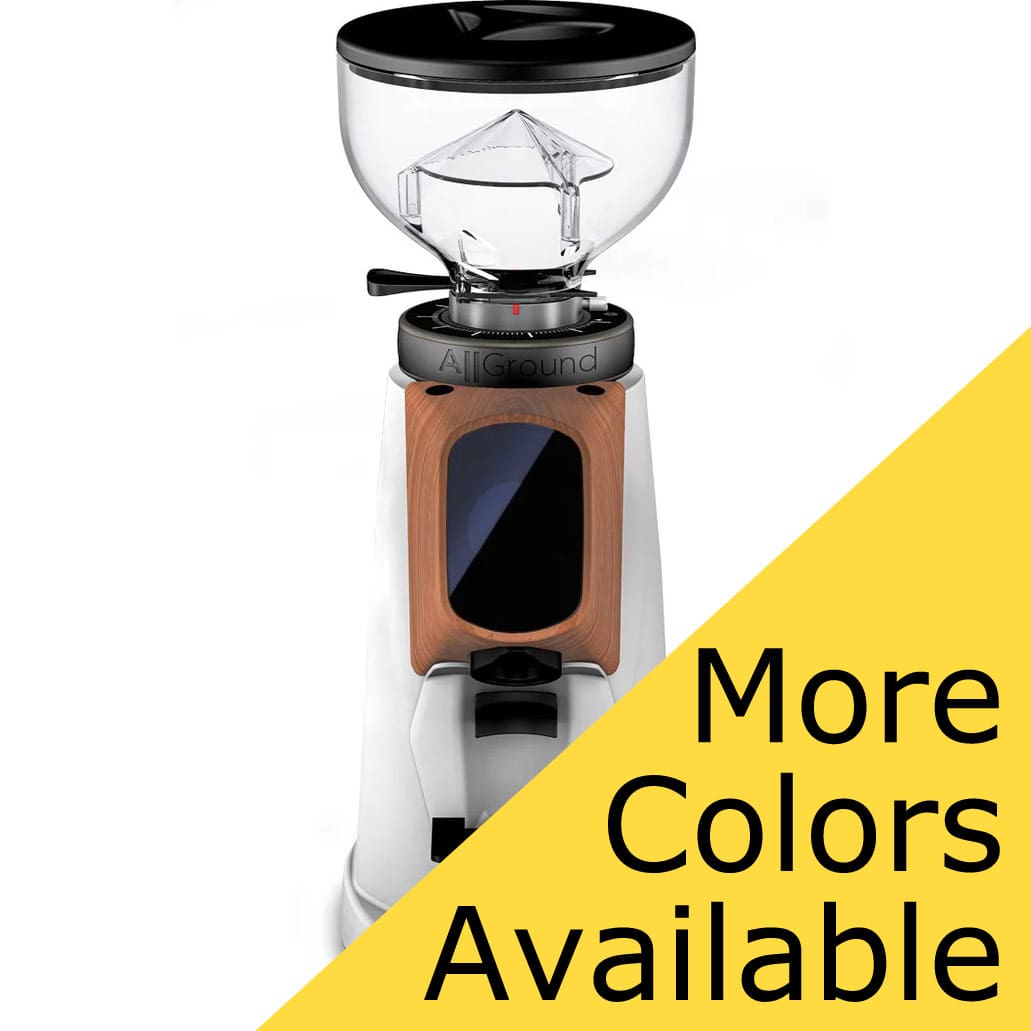 A Fiorenzato All Ground Sense Coffee Grinder - Weight-Based Grinding in white with a black lid and wooden accent, shown on a white background. A yellow diagonal banner in the corner reads “More Colors Available” in bold black text. © 2025 1st-line.com