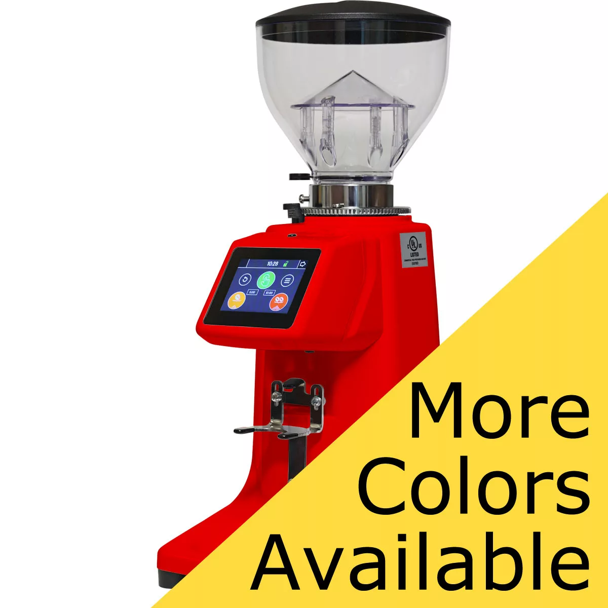 A Quamar M80TP Espresso Coffee Grinder with a transparent hopper and digital display appears in the image, which features a yellow diagonal banner stating More Colors Available in bold black letters. © 2025 1st-line.com