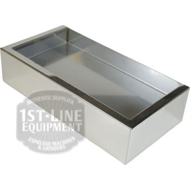 A rectangular stainless steel knock box with an open top and reflective surface for used coffee grounds, featuring clean edges to match the Torre T02BAC001 Stainless Steel Drip Tray T02. © 2025 1st-line.com