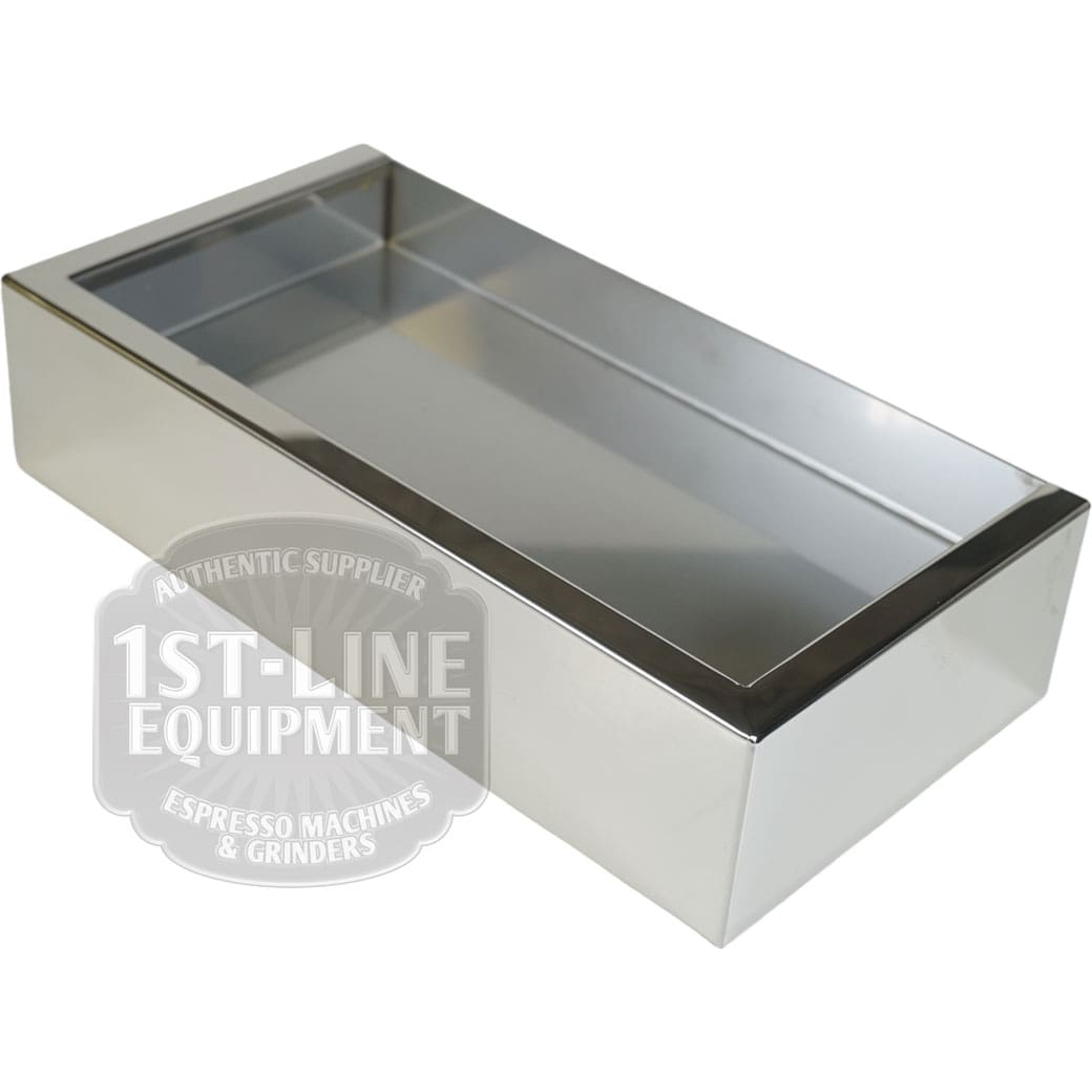 A rectangular stainless steel knock box with an open top and reflective surface for used coffee grounds, featuring clean edges to match the Torre T02BAC001 Stainless Steel Drip Tray T02. © 2025 1st-line.com