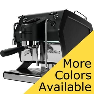 A Sanremo YOU Dual Boiler Espresso Machine stands against a white background, partially overlaid by a yellow triangle at the lower right with the words More Colors Available. © 2025 1st-line.com