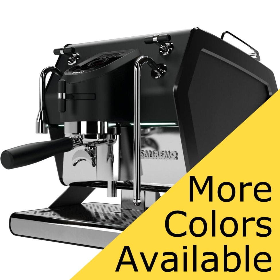 A Sanremo YOU Dual Boiler Espresso Machine stands against a white background, partially overlaid by a yellow triangle at the lower right with the words More Colors Available. © 2025 1st-line.com