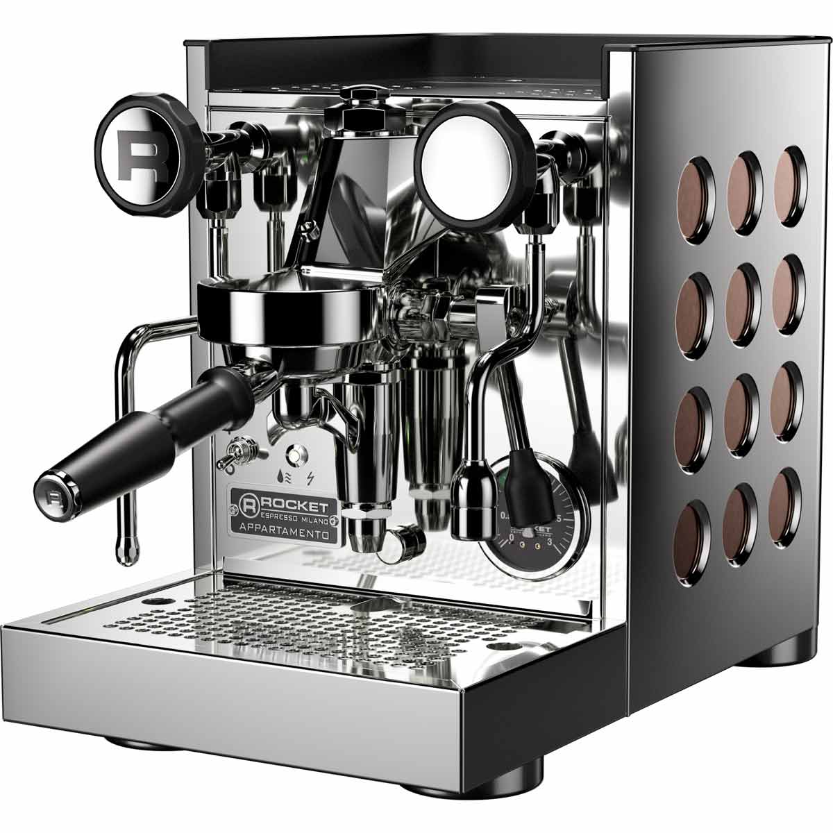 A shiny stainless steel Rocket Appartamento espresso machine with black knobs, a large steam wand, a portafilter, round side cutouts, and a TCA HX pressure gauge on the front panel. The brand “Rocket” is visible on the lower front. © 2025 1st-line.com