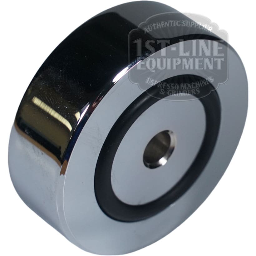 A shiny Torre APIED001 Complete Aluminum Foot 60x20mm, featuring a black inner ring and central hole, is used for espresso machines and grinders. The watermark Torre APIED001 appears partially on the image. © 2025 1st-line.com