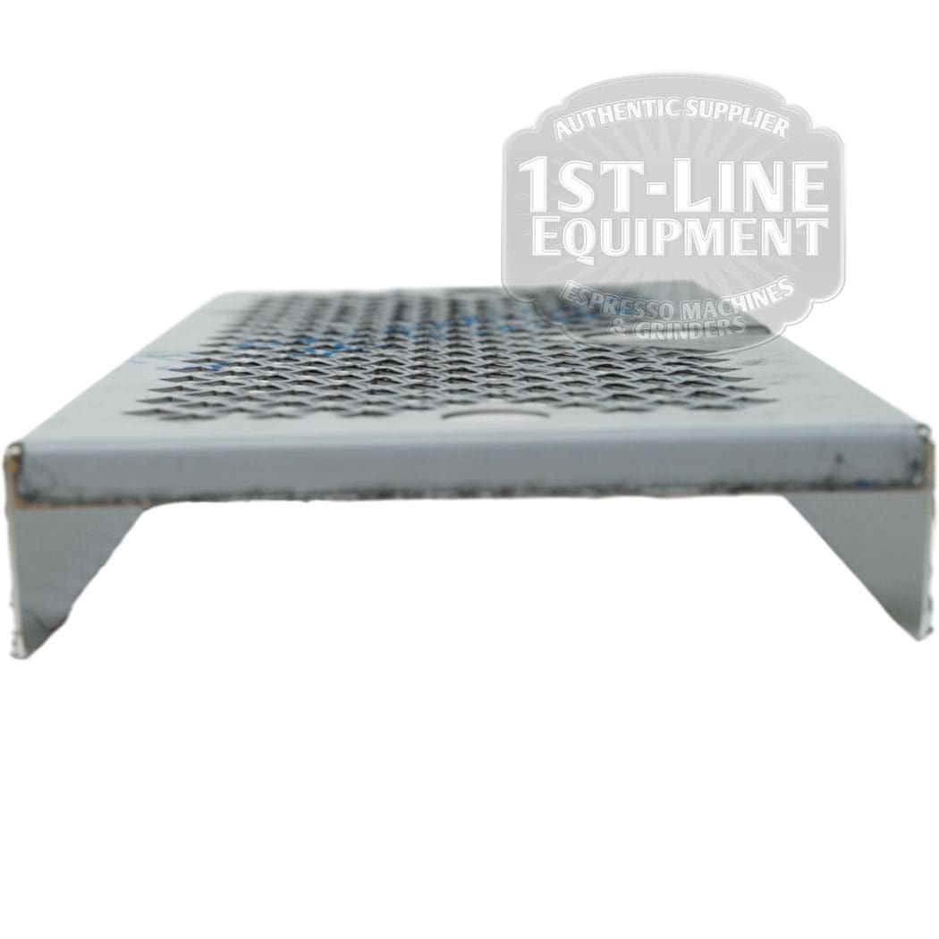 A side view shows the Torre T02APP002 Stainless Steel Drip Tray Grid T02’s flat, perforated surface and raised edges. A semi-transparent 1st-Line Equipment logo watermark appears in the background. © 2025 1st-line.com