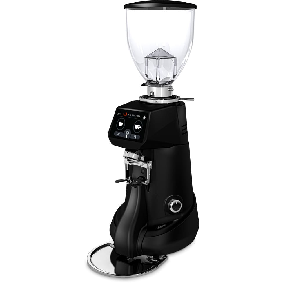 A sleek black Fiorenzato F83 E XGi Espresso Coffee Grinder features a transparent bean hopper, digital display, control buttons, and a metal portafilter holder, all elegantly positioned on a circular drip tray. © 2025 1st-line.com