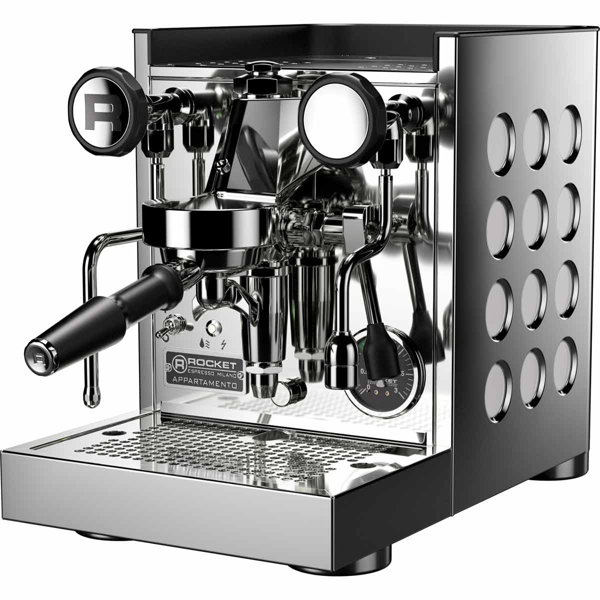 A stainless steel Rocket Appartamento espresso machine with a portafilter, pressure gauge, and round side cutouts, labeled TCA HX. © 2025 1st-line.com