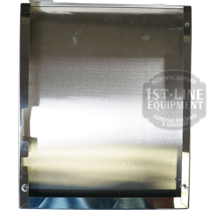 A Torre T02FIA001 Right Side Panel in stainless steel with a brushed finish and shiny edges, photographed from above. The 1st-Line Equipment logo is partially visible on the panels right side. © 2025 1st-line.com