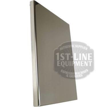 A Torre T02FIA002 Left Side Panel in stainless steel with a reflective finish is displayed at an angle on a white background, with a watermark reading 1st-Line Equipment, Authentic Supplier, Espresso Machines & Grinders. © 2025 1st-line.com