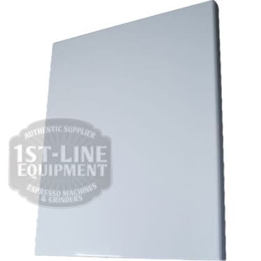 A Torre T02FIA002B Left Side Panel in white, rectangular with smooth edges, is angled on a white background. The lower left displays a semi-transparent “1st-Line Equipment Espresso Machines & Grinders” logo. © 2025 1st-line.com