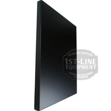 A Torre T02FIA002NO Left Side Panel in matte black is shown upright against a white background. The rectangular, angled metal panel looks smooth and plain, featuring a 1st-Line Equipment watermark in the lower right corner. © 2025 1st-line.com