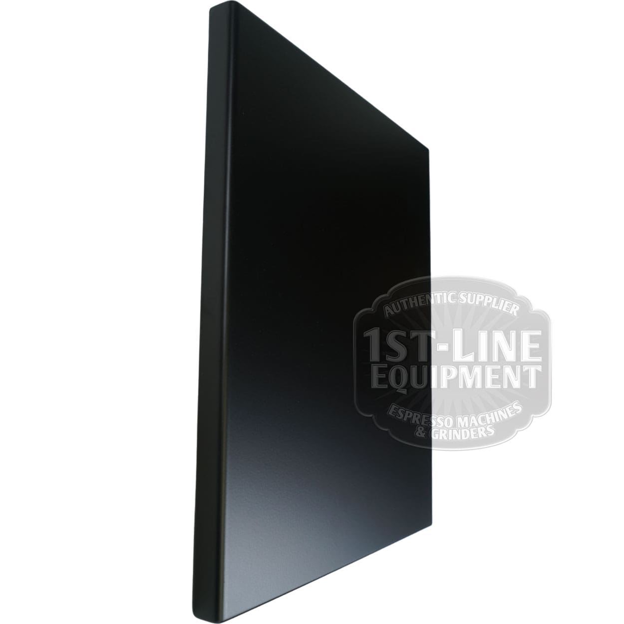A Torre T02FIA002NO Left Side Panel in matte black is shown upright against a white background. The rectangular, angled metal panel looks smooth and plain, featuring a 1st-Line Equipment watermark in the lower right corner. © 2025 1st-line.com