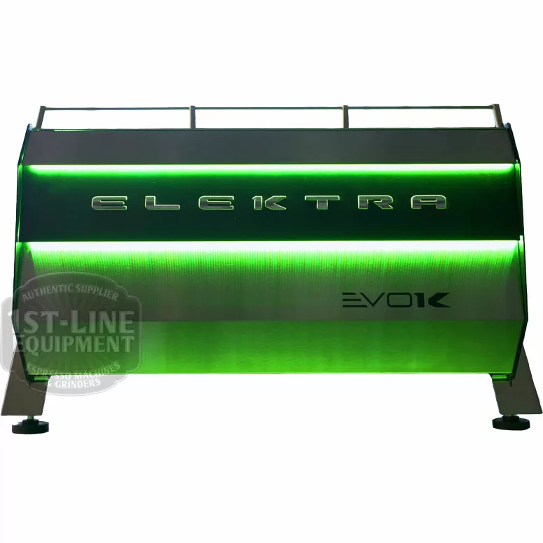 Back view of a stainless steel Elektra Evok 2 Group Commercial Espresso Machine with green LED lighting and visible branding on the metallic surface. © 2025 1st-line.com