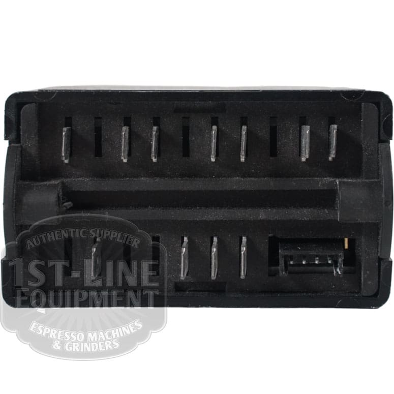 Close-up of a black rectangular electronic connector with multiple metal pins and slots, designed for the FE.107-115 VFA Expres Brain Unit 115V. The 1st-Line Equipment logo watermark appears in the lower left corner. © 2025 1st-line.com