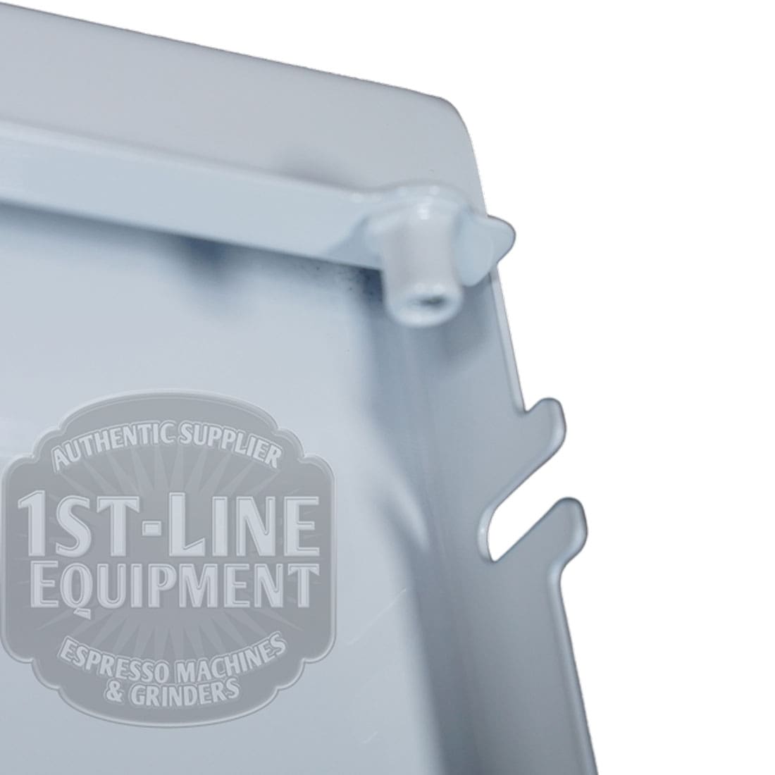 Close-up of a light gray plastic component with hooks and a peg next to the Torre T02POSXX1 Shiny White Back Panel, featuring a transparent watermark reading 1st-Line Equipment, Authentic Supplier, Espresso Machines & Grinders. © 2025 1st-line.com