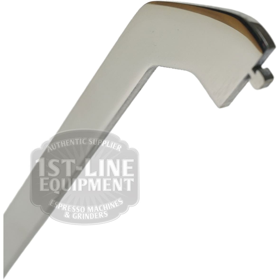 Close-up of a metallic portafilter handle with a hooked end and angular design, photographed against white; its reflective surface complements the sleek Torre T02RAI001A Cup Rail style. © 2025 1st-line.com