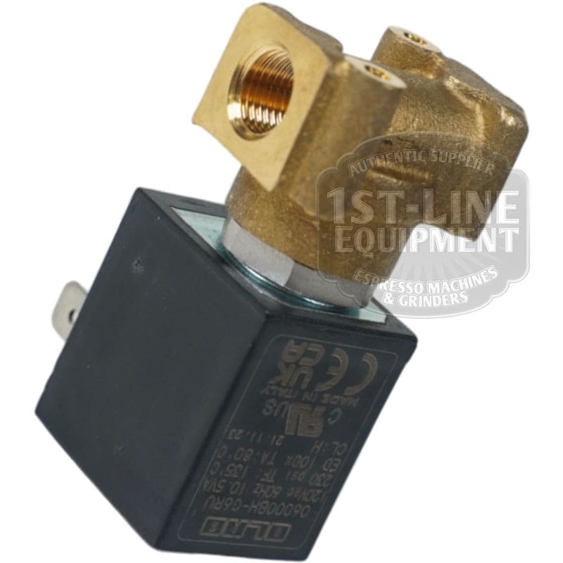 Close-up of a Torre EV212001 Solenoid Valve EV. 2 VIE 1/8 110V, featuring a black electrical coil, connector, brass body with threaded ports and markings. A partial 1st-Line Equipment watermark is visible. © 2025 1st-line.com