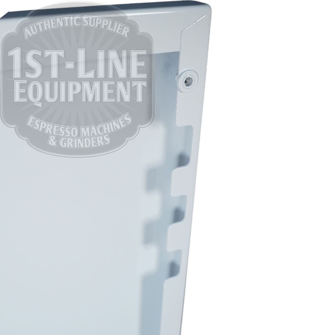 Close-up of a Torre T02FIA001B Right Side Panel - White featuring notched edges and a round screw, partially overlaid with a semi-transparent 1st-Line Equipment logo for espresso machines and grinders. © 2025 1st-line.com