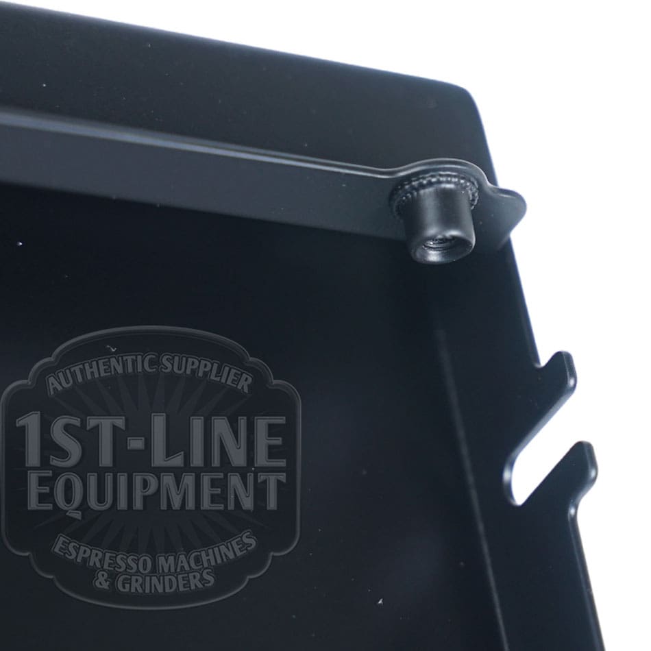 Close-up of a Torre T02POS001NO Back Panel - Matte Black T02 tray with a rounded corner, small screw, and two notched hooks on the right. The 1st-Line Equipment logo watermark is in the lower left corner. © 2025 1st-line.com
