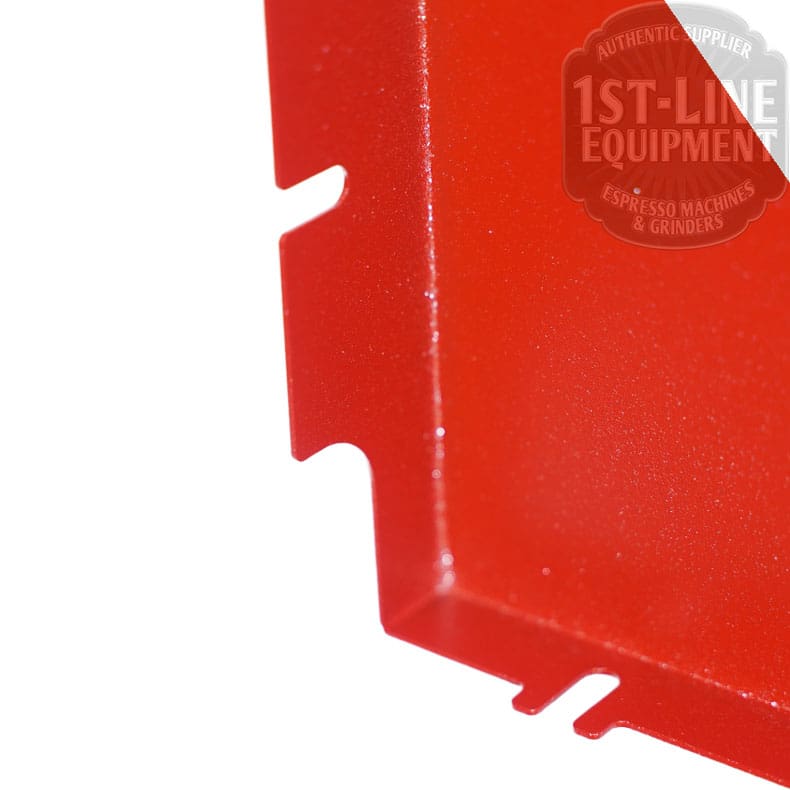 Close-up of a Torre T02POS001RP Back Panel - Red Passion T02 featuring notched edges and a glossy finish. A semi-transparent “1st-Line Equipment Authentic Supplier Espresso Machines & Grinders” watermark appears in the top right corner. © 2025 1st-line.com