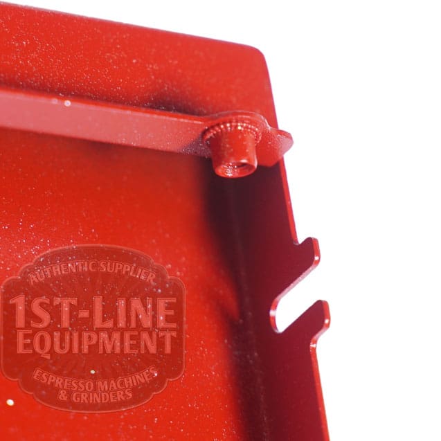 Close-up of a Torre T02POS001RP Back Panel - Red Passion T02, showing a bolt and hook-shaped edge. A semi-transparent watermark reads 1st-Line Equipment Espresso Machines & Grinders. © 2025 1st-line.com